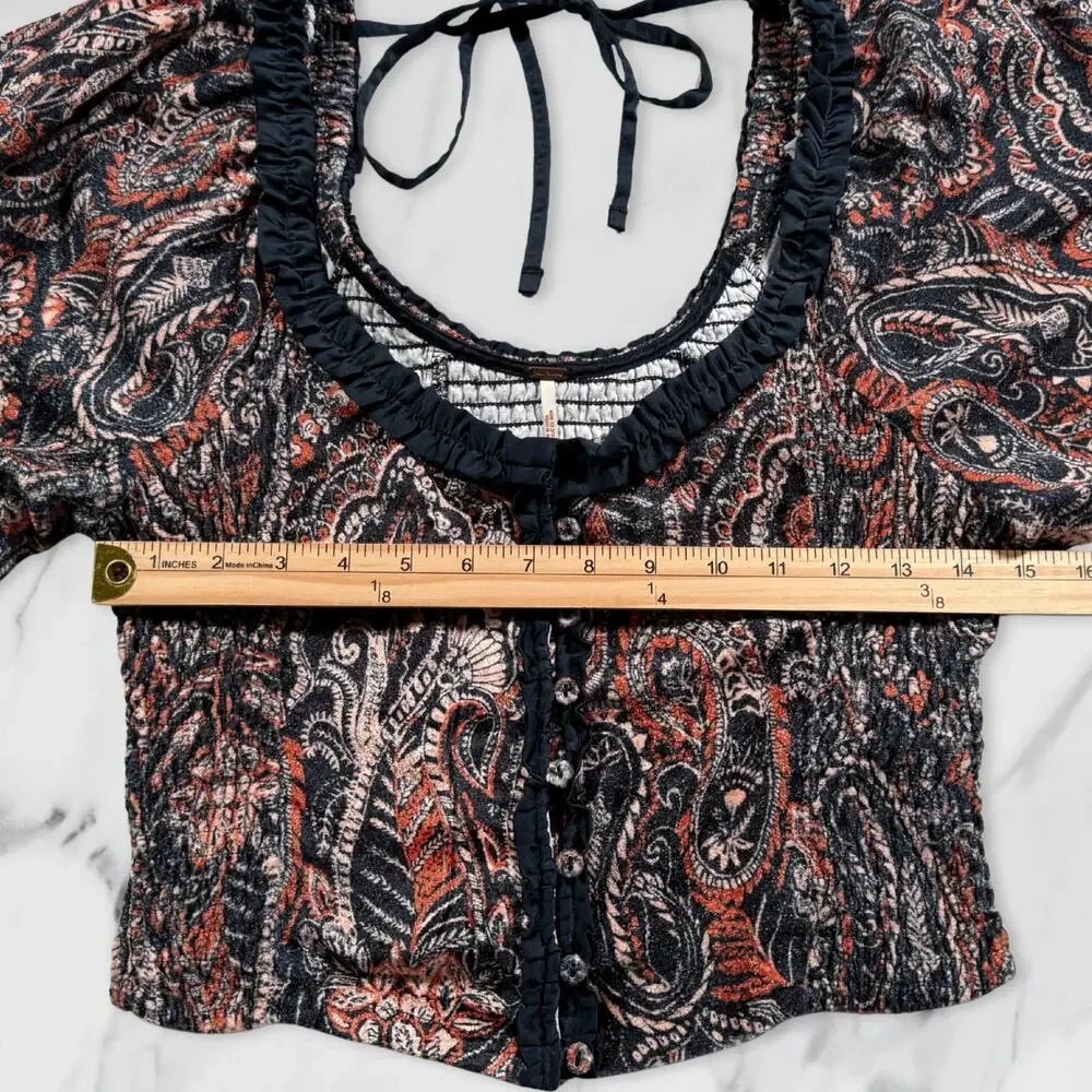 Free People Dare Me Tie Back Velvet Paisley Puff Sleeve Blouse Medium
